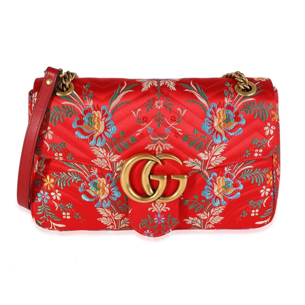 Gucci Red Floral Silk Matelass√© Medium Marmont Bag
